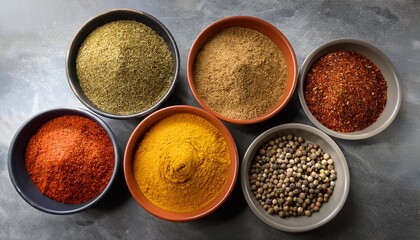 assortment of spices and powders in bowls displayed on gray textured surface