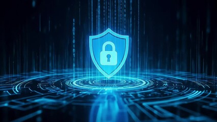 Cyber Security Shield Protection: Futuristic Digital Data Flow Network Security, Data Encryption, Privacy, Firewall, and Secured Access with Glowing Padlock Icon - Powered by Adobe