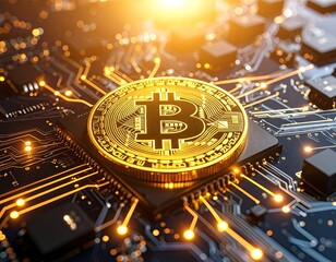 Gold Bitcoin on Circuit Board