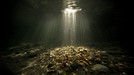 Underwater cave, sunlight beams, fallen leaves, rocks