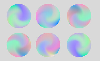 Vector illustration shows round shapes with soft pastel gradients in vivid neon colors. The design features a modern, abstract, dreamy style with swirling pink, green, blue, and violet hues.