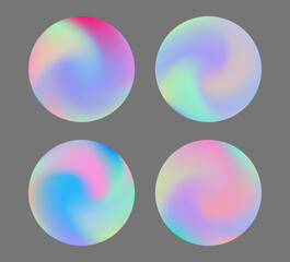 Vector illustration shows round shapes with soft pastel gradients in vivid neon colors. The design features a modern, abstract, dreamy style with swirling pink, green, blue, and violet hues.