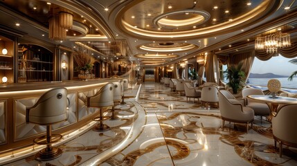 Luxurious interior with golden bar, seats, marble floor and window view