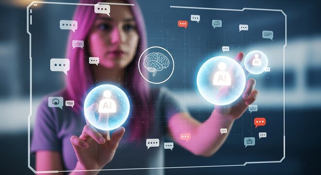 Woman interacts with a futuristic AI interface featuring icons of brains, speech bubbles, and human figures. Represents technology or AI development.