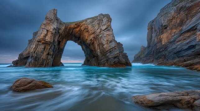 Natural rock arches at playa de augas santas scenic landscape