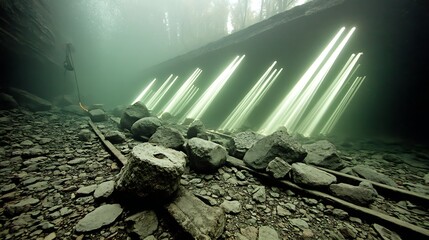 Underwater Railway Wreckage Illuminated by Light Beams