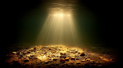 Underwater golden light beams on a seabed