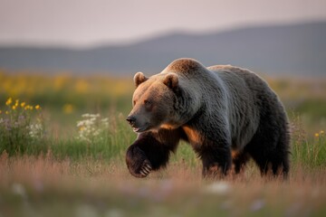 Obraz premium Majestic grizzly bear strolling through a meadow bathed in golden hour sunlight wildlife photography