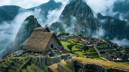 Ancient stone city high in the Andes, nestled among misty peaks with a thatched roof hut in the foreground
