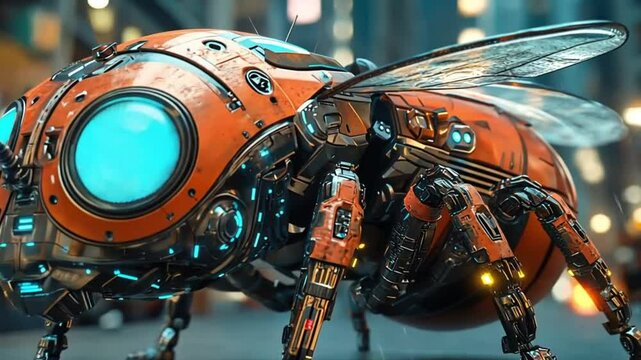 Futuristic robot bee in urban night scene. Possible use for sci-fi concept