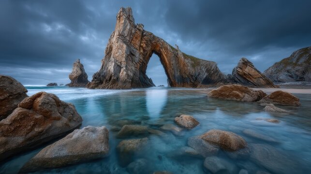 Natural rock arches at playa de augas santas scenic landscape