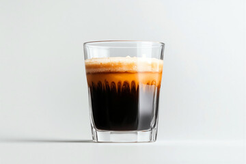 Glass of layered coffee caramel espresso with dark crema and frothy topping isolated on light background for beverage menu and cafe branding visuals
