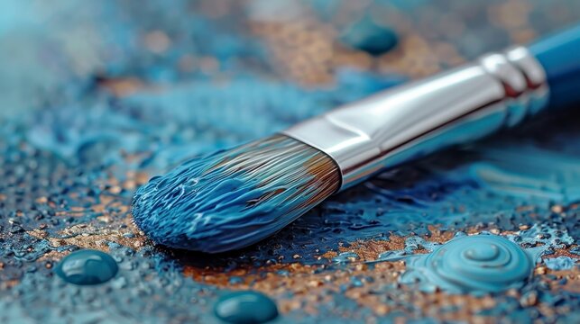 Close-up Brush poised on textured blue and gold paint, hinting at creative process