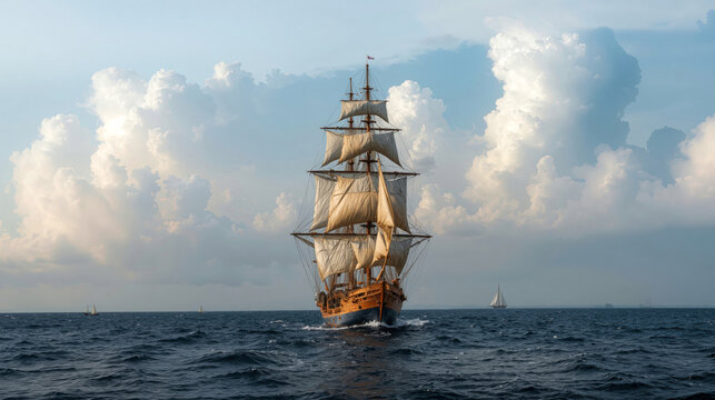 Historic tall sailing ship with full sails open navigating the ocean under dramatic cloudscape for maritime travel history and nautical adventure themes