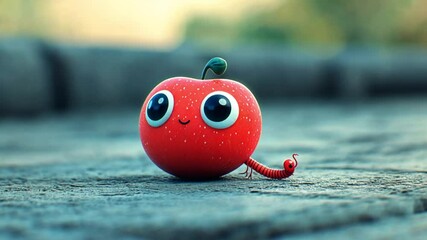 Cute cartoon apple fruit with ant on stone surface. Possible use Children's book illustration