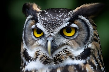 Fototapeta premium Majestic owl close up portrait with intense yellow eyes and feathered detail
