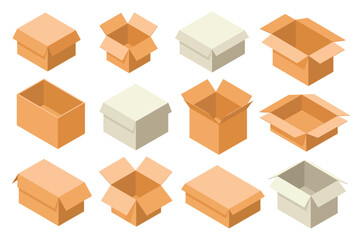 Fototapeta premium Collection of various open and closed cardboard boxes in isometric view
