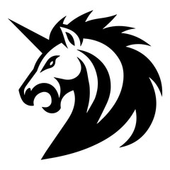 Fierce Unicorn Head Black and White Stylized Illustration