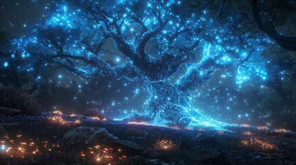 Obraz premium Bioluminescent tree in a dark forest glows with electric blue light, surrounded by small glowing wildflowers
