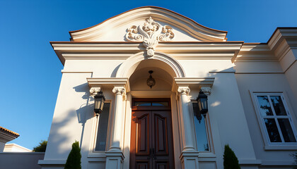 Fototapeta premium An elegant residential doorway with intricate architectural details stands against a clear blue sky.