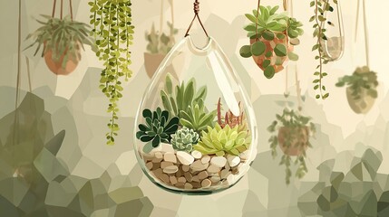 A teardrop-shaped glass terrarium hangs, showcasing succulents and pebbles, surrounded by various hanging potted plants against a muted, geometric background
