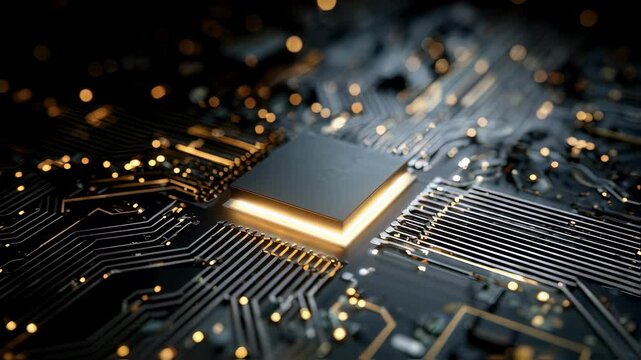 Artistic portrayal of a glowing AI chipset surrounded by intricate circuit pathways illustrating the interconnectedness of artificial intelligence and modern electronics.