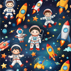 Adorable Astronauts in Space Rockets Planets and Starry Galaxy