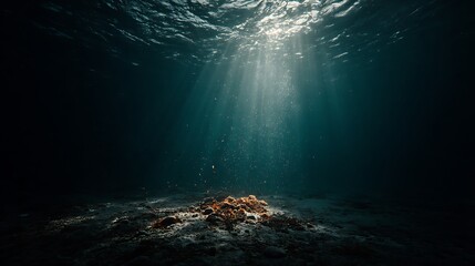 Mysterious underwater light beam dark scene