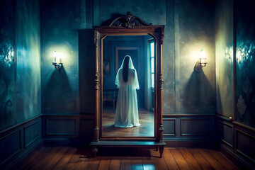Spooky Mirror Reflection Showing A Ghostly Figure