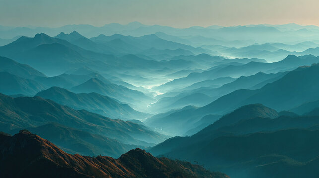 Mountains rise in a misty valley. Scenic landscape photography for travel, nature, web design. Atmospheric, serene, calm.