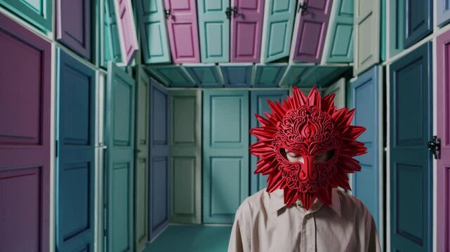  Personnage masqu&eacute; dans une salle tapiss&eacute;e de portes color&eacute;es