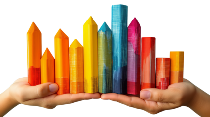 Colorful crayon towers held with care, kids' creative dreams rising in air.  Transparent PNG. Ideal for education and childhood flair.