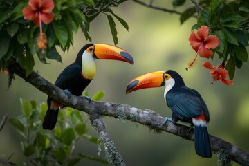 Fototapeta premium Two ramphastos toco toucans perched on a branch amidst green foliage and hibiscus flowers
