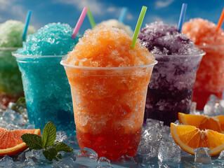 Colorful shaved ice drinks in plastic cups with straws and orange slices on ice cubes surface © Saman