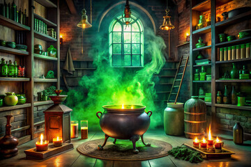 Witchs Potion Room With Cauldron Spell Books