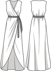 Stylish Sleeveless Wrap Maxi Dress CAD Drawing Flat Vector Illustration with Belt Detail for Fashion Design
