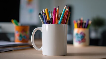 Assorted pens and pencils in a white mug on a desk