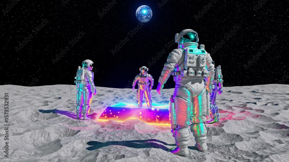 Wall mural astronauts in colorful spacesuits are standing on the moon surface, exploring a glowing rectangular 