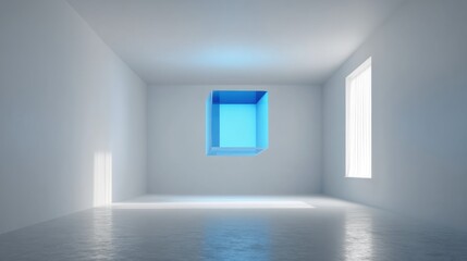 Empty white room with blue recessed cube