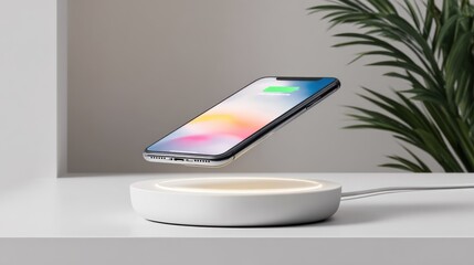 Floating phone charging on a white pad