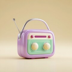A retro-style radio features pastel colors and oversized knobs, perfect for nostalgic themes, vintage decor, or music-related content in advertisements, blogs, or artistic projects,