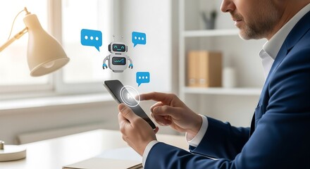 Man interacts with a chat bot on a phone. The bot is depicted as a cute robot with speech bubbles. Office desk setting, representing AI & communication.