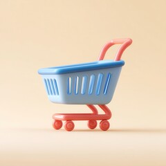 A colorful toy shopping cart stands on a soft backdrop, perfect for children's product advertisements, e-commerce websites, or promotional materials aimed at parents shopping for kids,