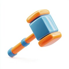A vibrant, playful gavel in blue and orange, hovering against a white background, suitable for legal themes, children's law education, or playful justice concepts