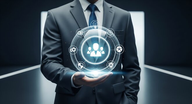 ** A businessman holds a glowing circle with people icons, representing teamwork and digital technology integration in business solutions. **