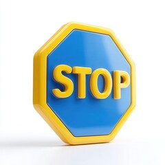 A brightly colored stop sign that features a blue background with yellow lettering, ideal for use in traffic safety materials, educational content, or signage design to denote caution and attention,