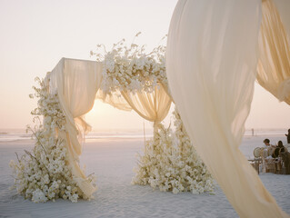 Elegant Beach Wedding Ceremony Setup with Floral Arch and Drapery by the Ocean