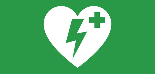 AED Symbol Heart with Lightning and Plus Sign on Green Background