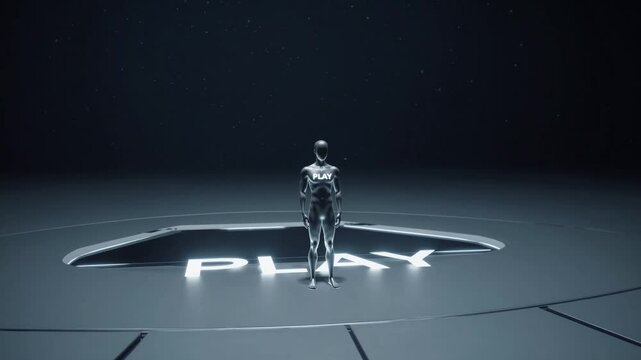 Robot devant un bouton &ldquo;PLAY&rdquo; dans une salle futuriste