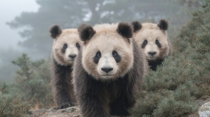 Fototapeta premium Three adorable pandas in their natural habitat looking towards the camera